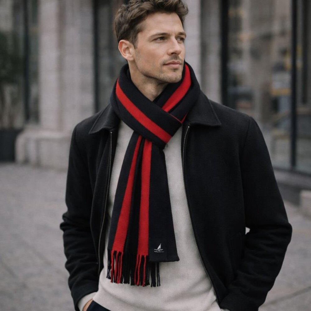 Nautica Black & Red Stripe Scarf – One Size – Classic Nautical Style